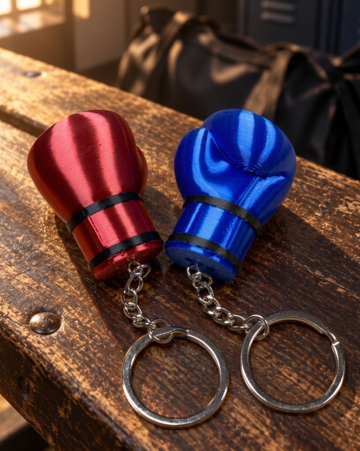 Red and blue boxing glove keychains on a wooden bench