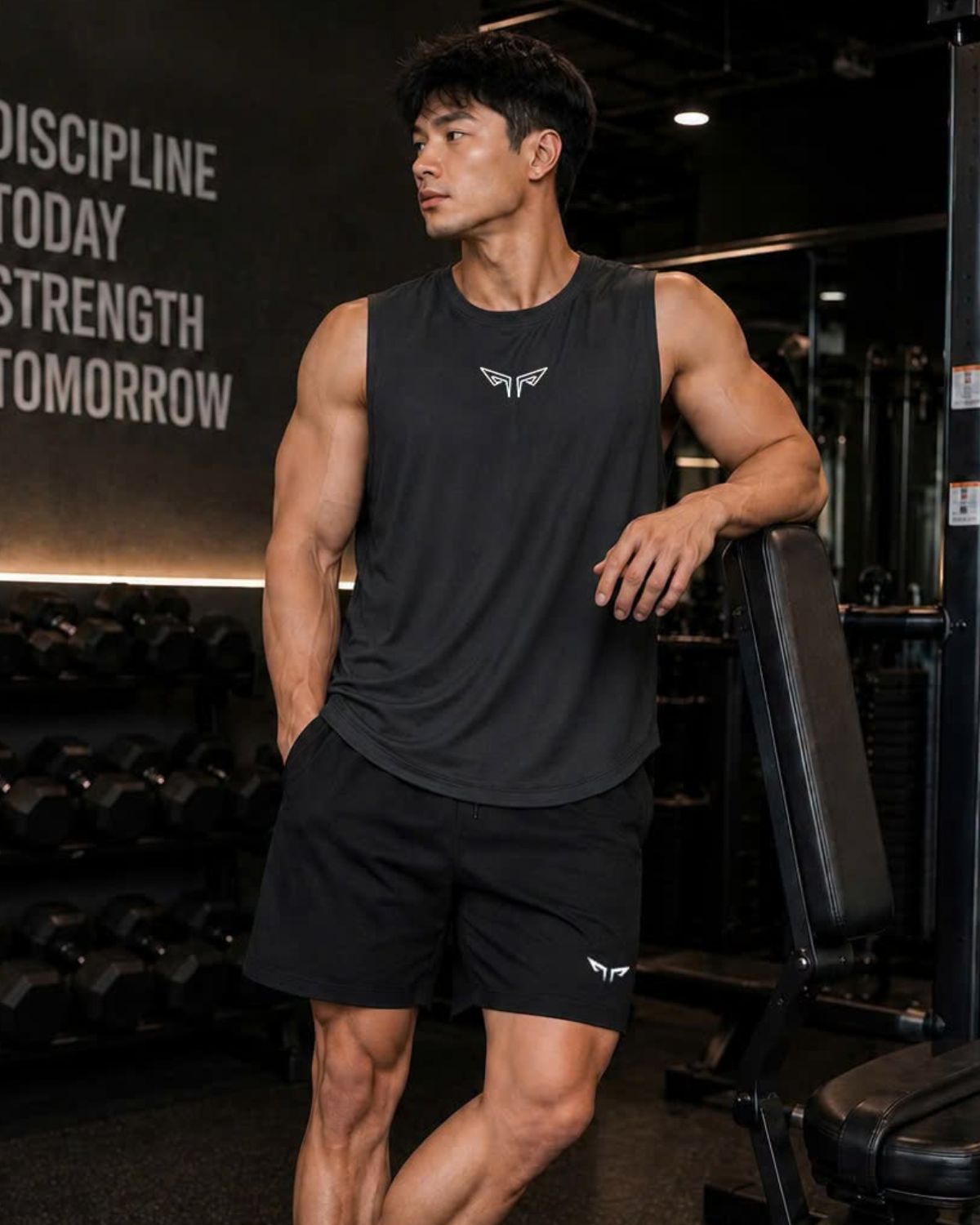 Model wearing a black WolfActive sleeveless top and shorts in a gym