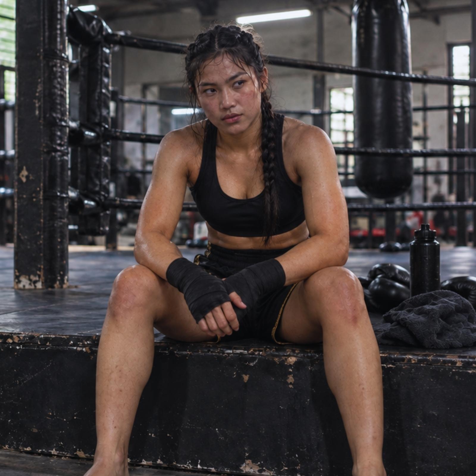 Female fighter resting beside boxing gear in a training gym