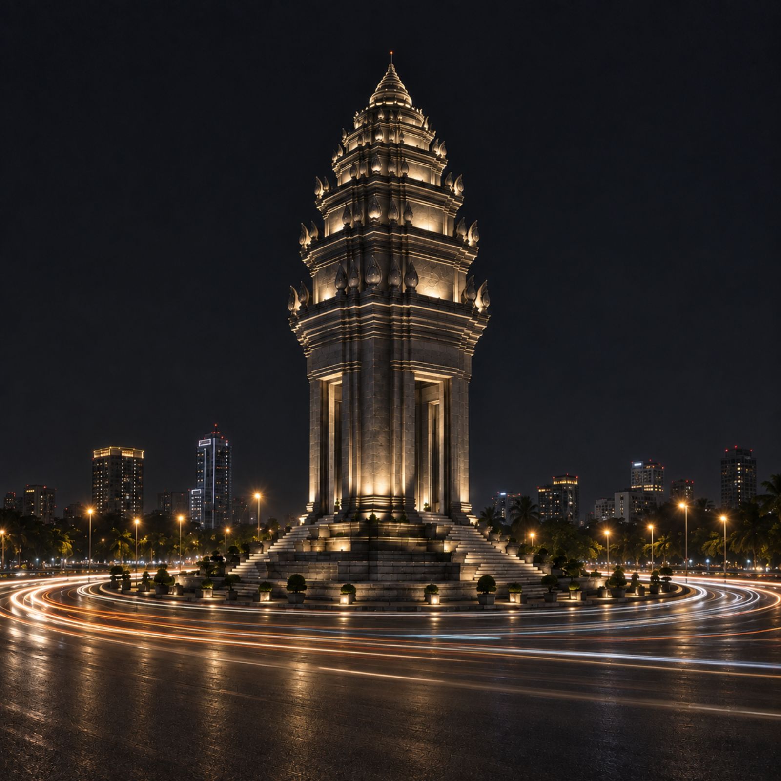 Independence Monument illuminated at night in Phnom Penh
