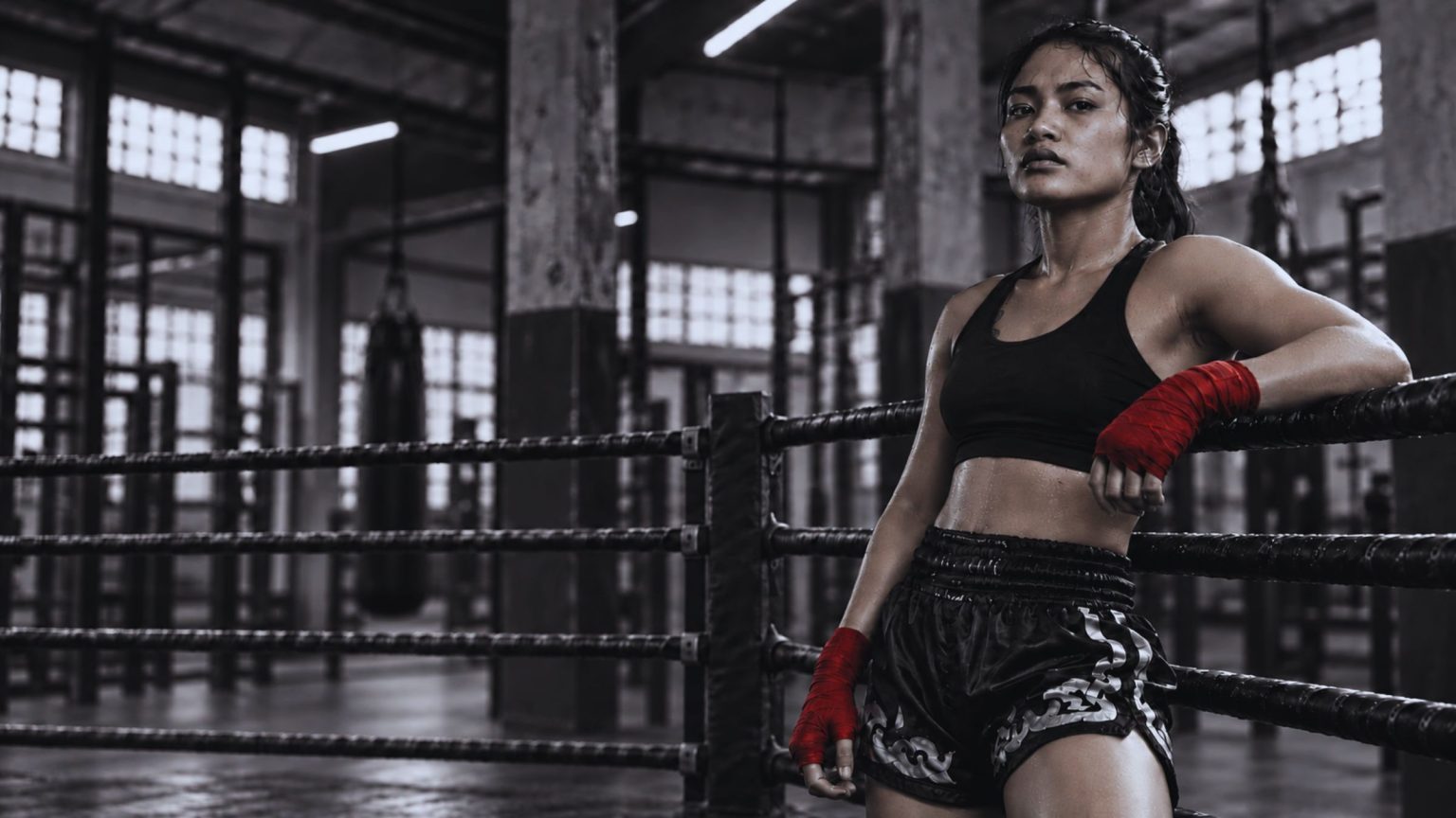 Female fighter with red hand wraps resting against boxing ring ropes