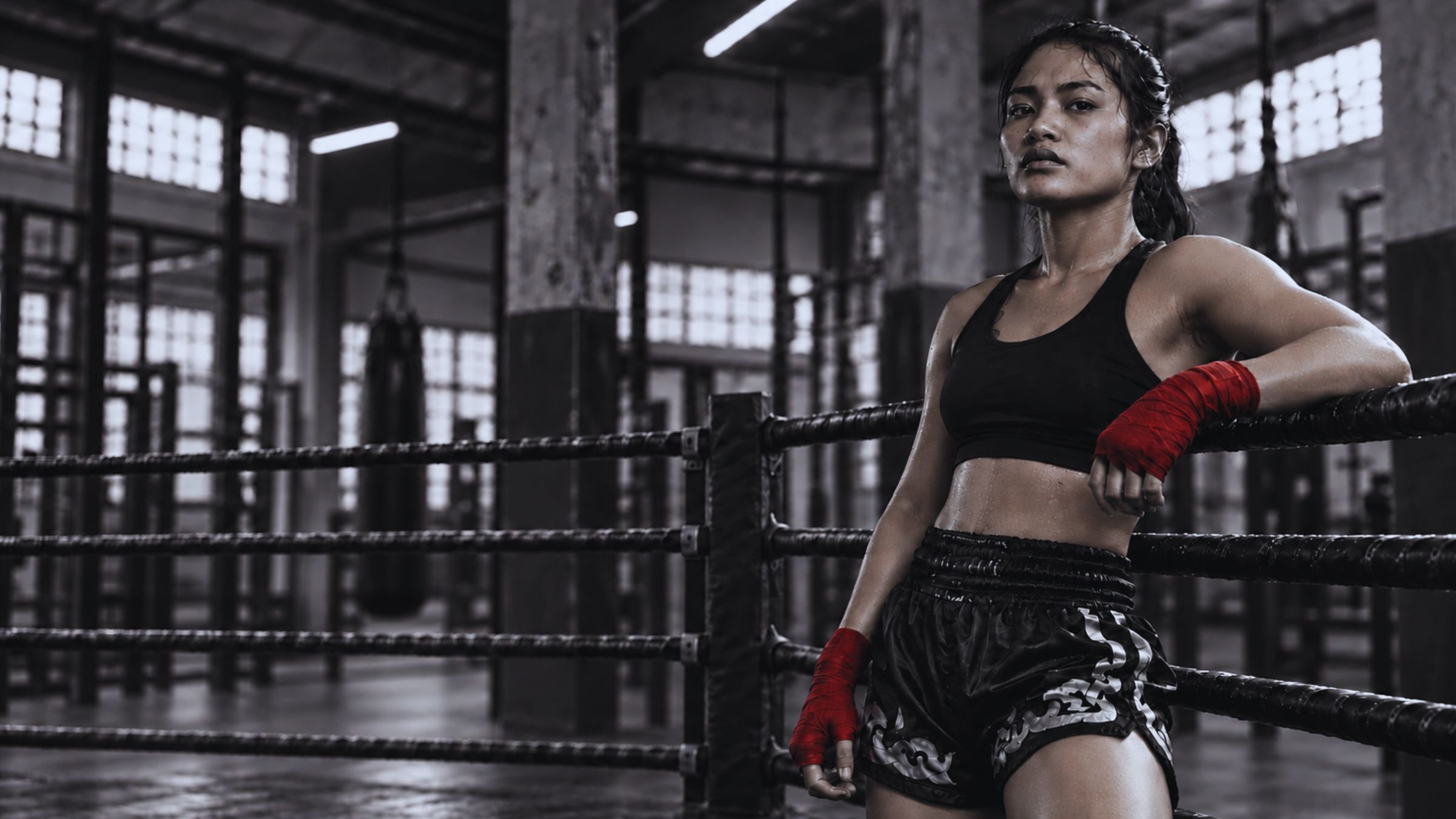 Female fighter with red hand wraps resting against boxing ring ropes